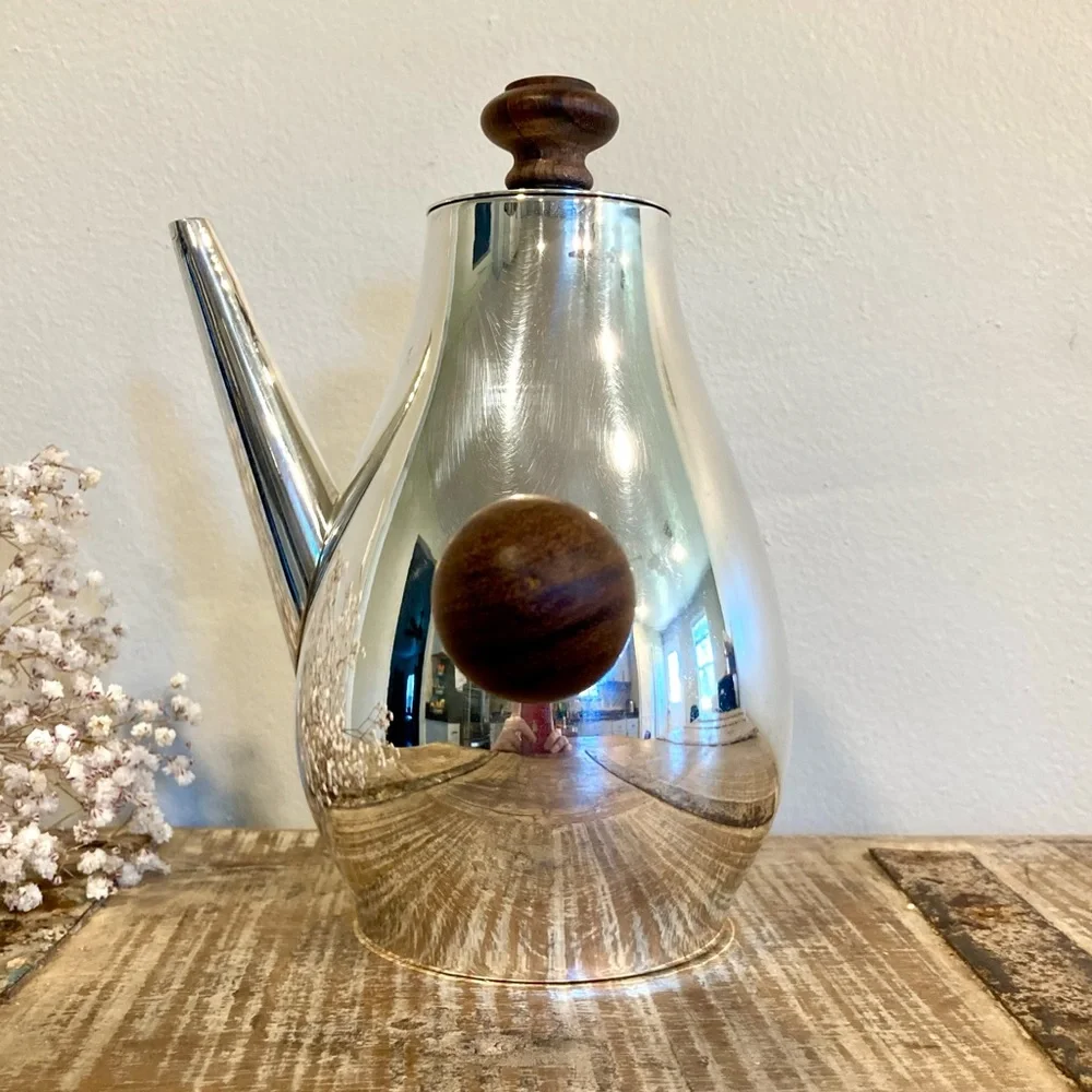 Vintage Silver Plated Teapot with Wooden Handle Signed Italy